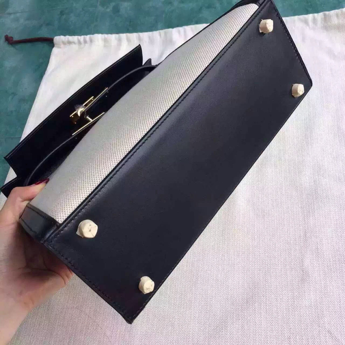 Hermes Black Kelly Bag 28 cm Box Calf & Toile Canvas Gold Hardware