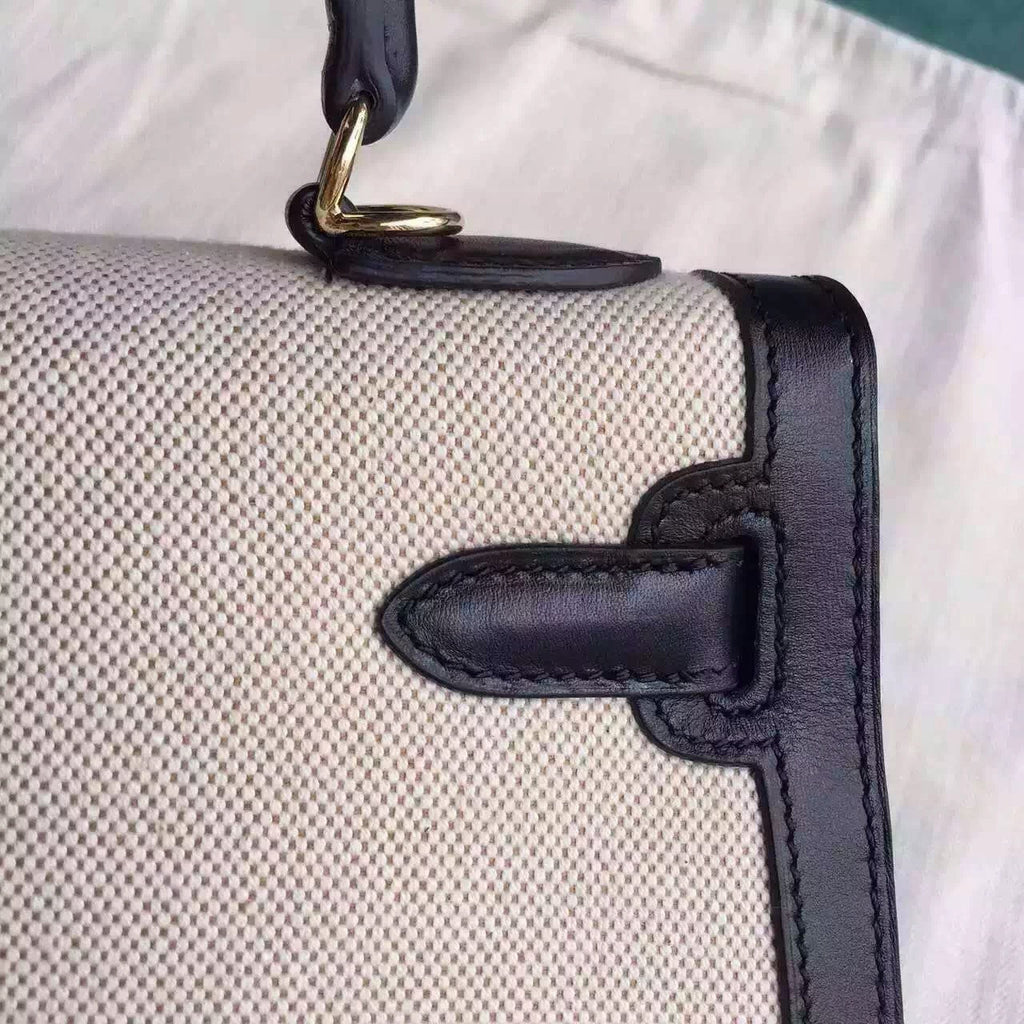 Hermes Black Kelly Bag 28 cm Box Calf & Toile Canvas Gold Hardware