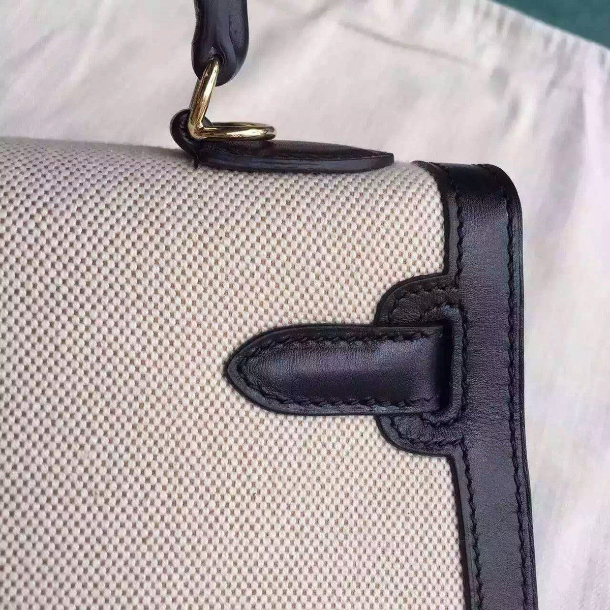 Hermes Black Kelly Bag 28 cm Box Calf & Toile Canvas Gold Hardware
