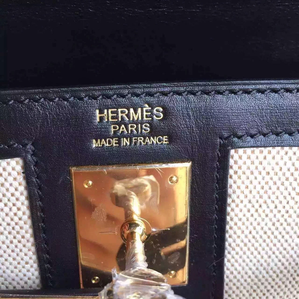 Hermes Black Kelly Bag 28 cm Box Calf & Toile Canvas Gold Hardware
