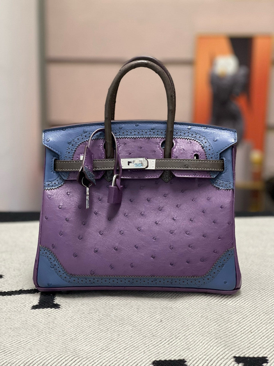 Hermes Birkin Tri-Coloured Ghillies 25 cm handbag in Ostrich