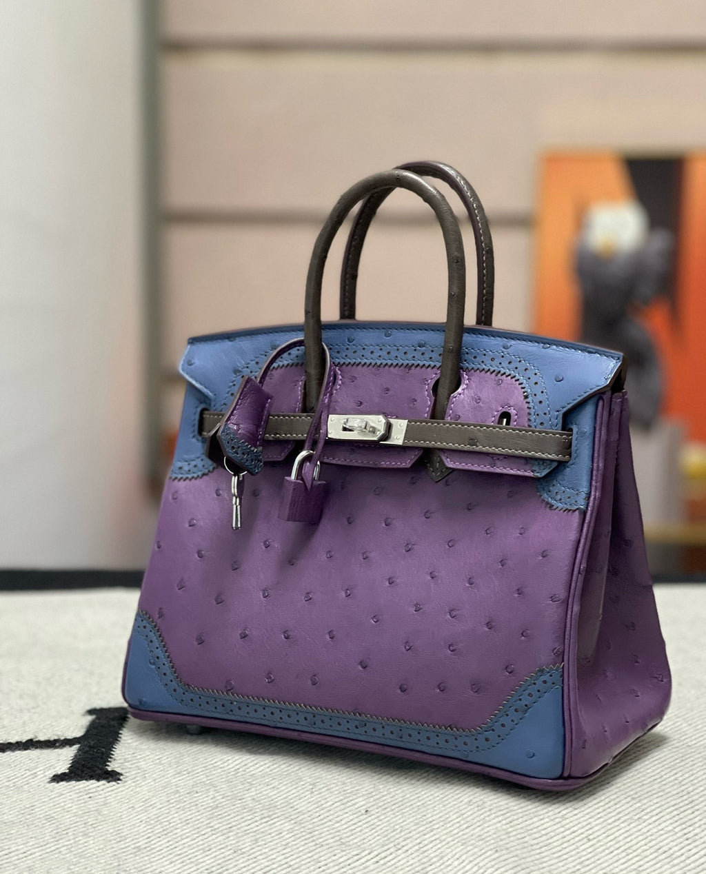 Hermes Birkin Tri-Coloured Ghillies 25 cm handbag in Ostrich
