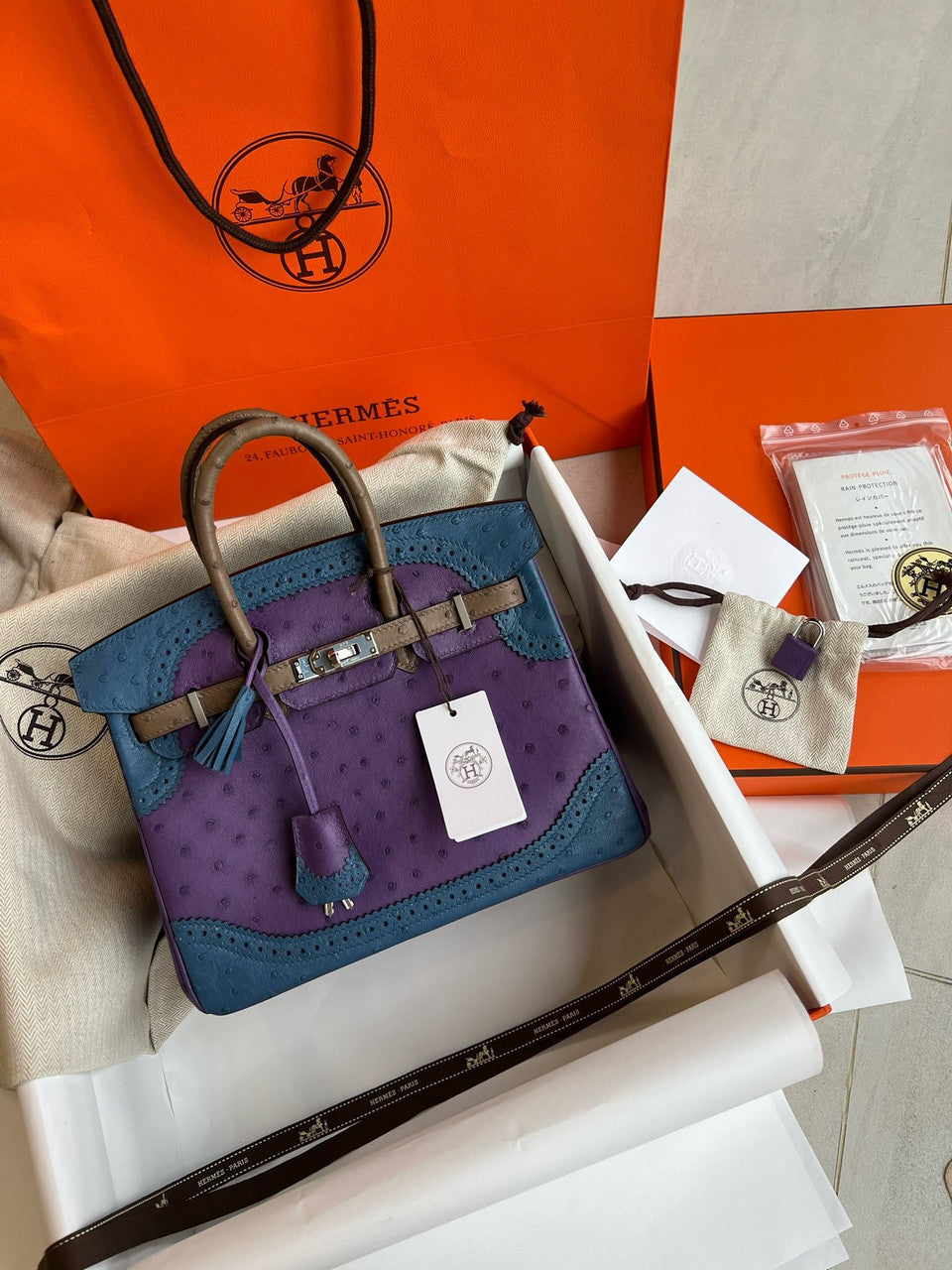 Hermes Birkin Tri-Coloured Ghillies 25 cm handbag in Ostrich