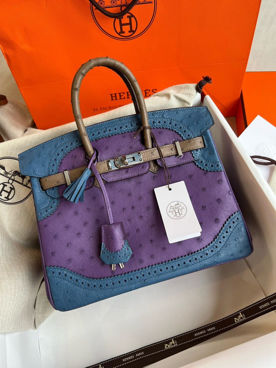 Hermes Birkin Tri-Coloured Ghillies 25 cm handbag in Ostrich