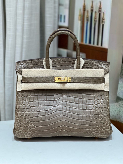 Hermes Etoupe Birkin 25 in Porosus  Crocodile with Gold hardware
