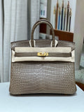 Hermes Etoupe Birkin 25 in Porosus  Crocodile with Gold hardware