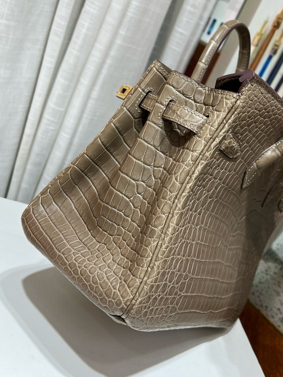 Hermes Etoupe Birkin 25 in Porosus  Crocodile with Gold hardware