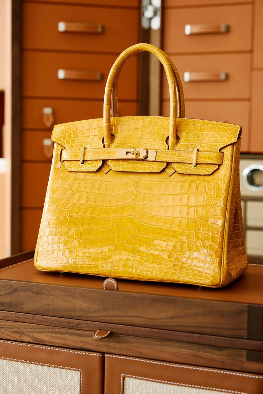 Hermes Amber Birkin 30 in Porosus  Crocodile with Gold hardware
