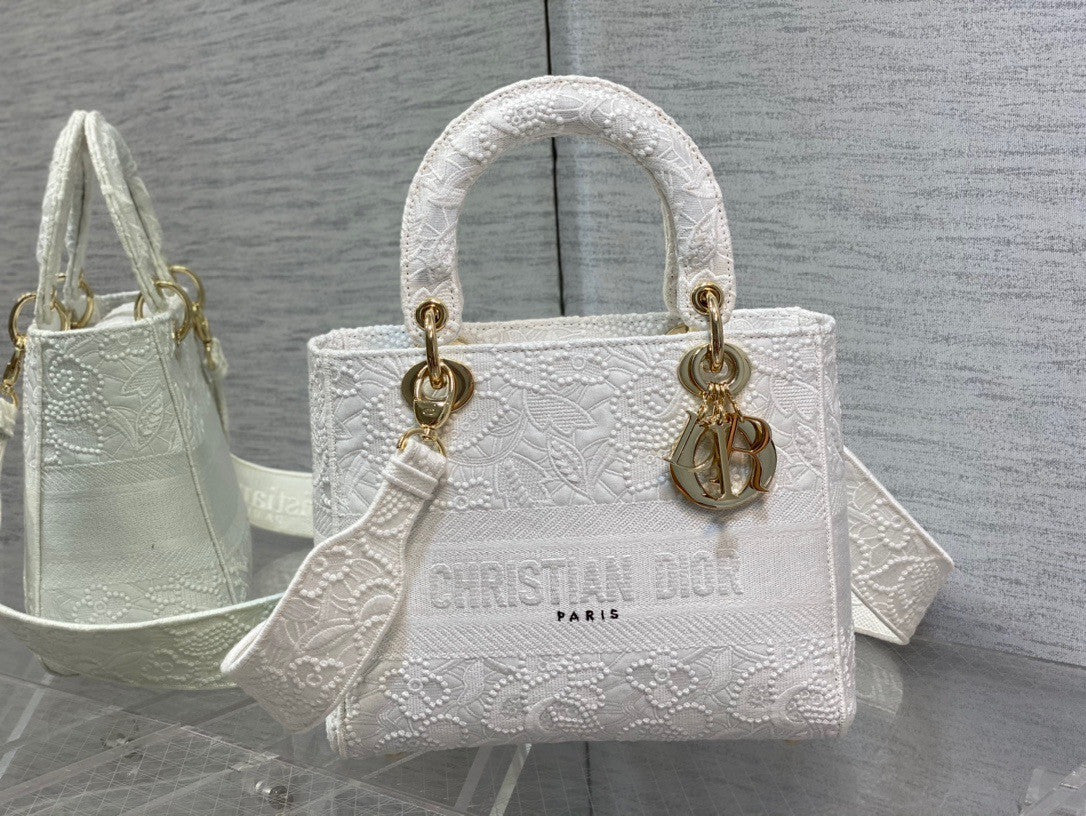 Christian Dior MEDIUM LADY D-LITE BAG Natural Embroidery with Macramé Effect  White