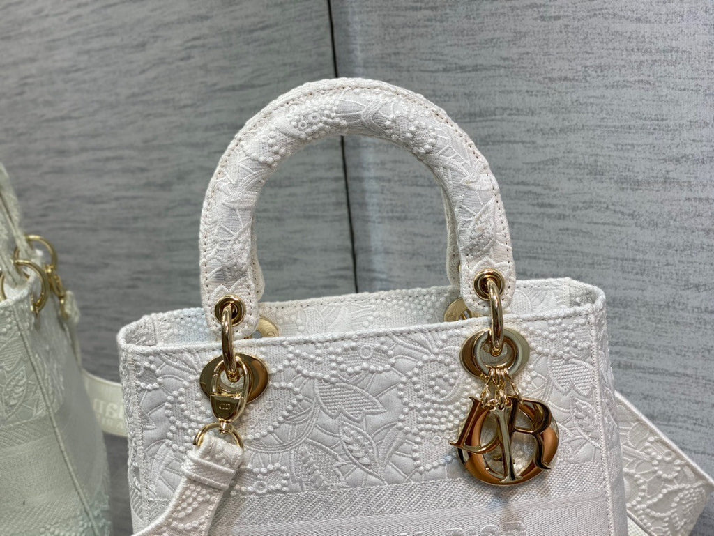 Christian Dior MEDIUM LADY D-LITE BAG Natural Embroidery with Macramé Effect  White