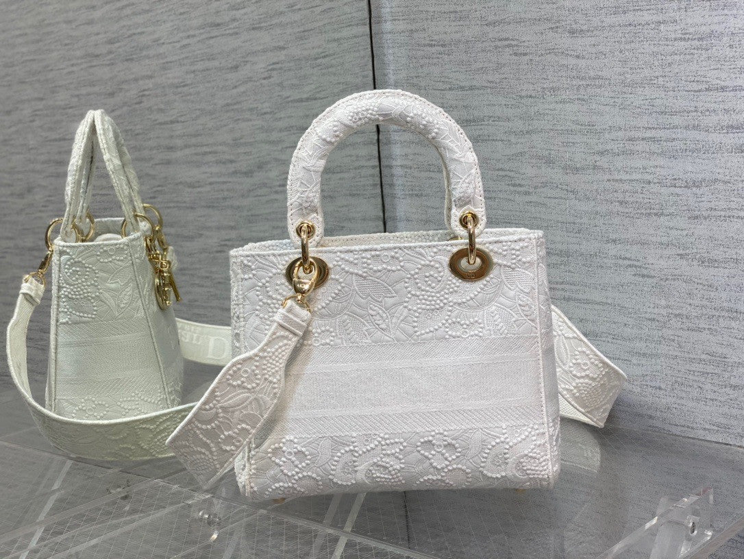 Christian Dior MEDIUM LADY D-LITE BAG Natural Embroidery with Macramé Effect  White