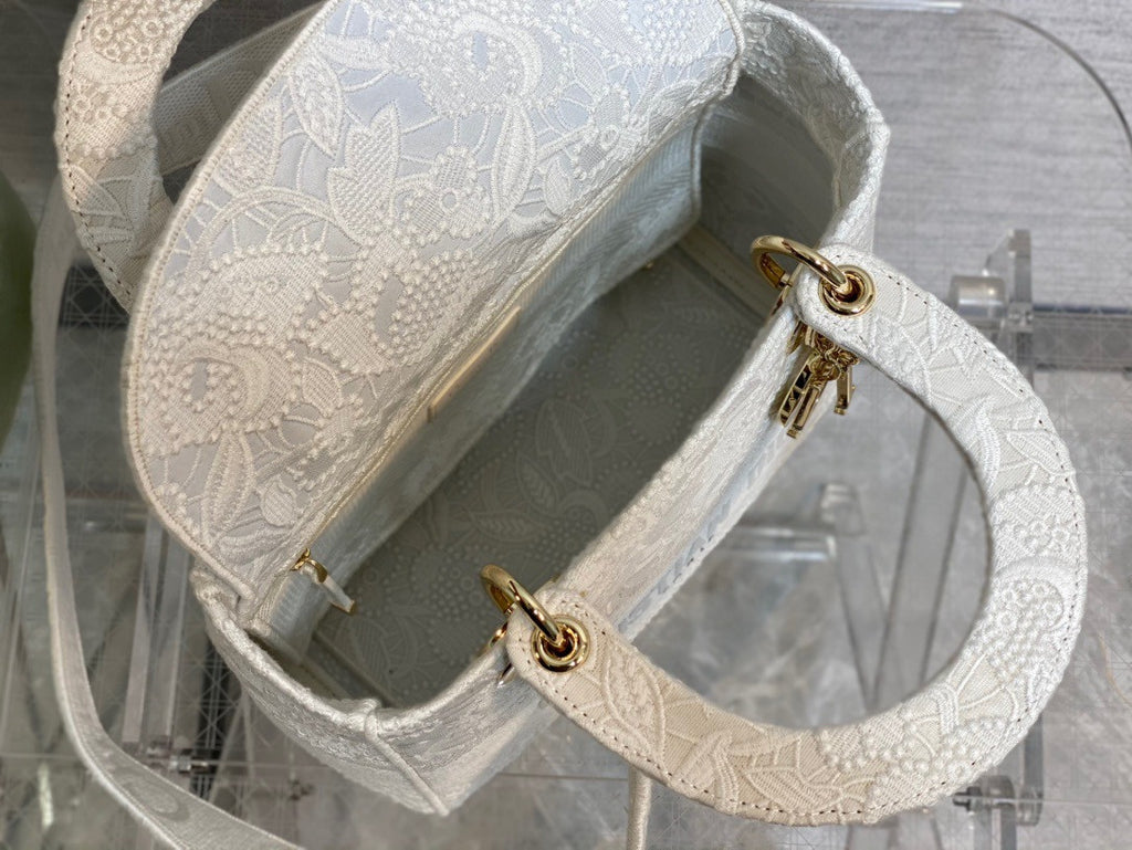 Christian Dior MEDIUM LADY D-LITE BAG Natural Embroidery with Macramé Effect  White