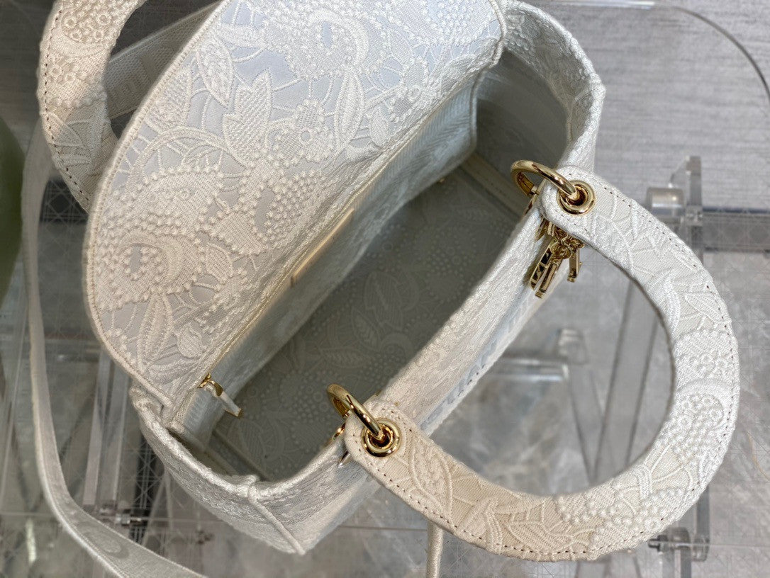 Christian Dior MEDIUM LADY D-LITE BAG Natural Embroidery with Macramé Effect  White