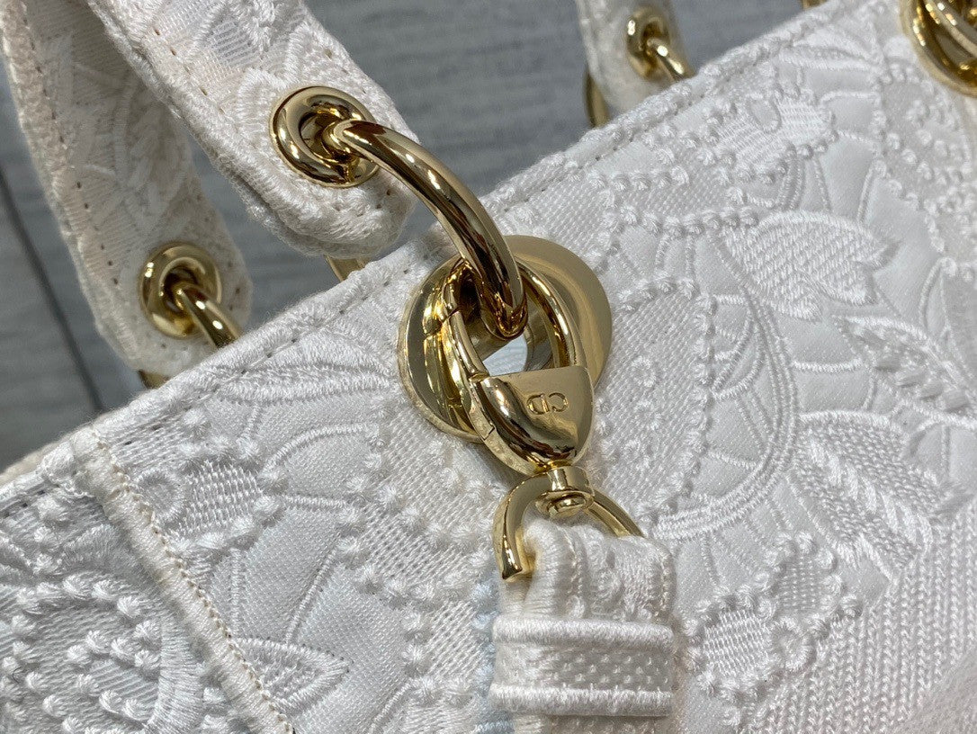 Christian Dior MEDIUM LADY D-LITE BAG Natural Embroidery with Macramé Effect  White