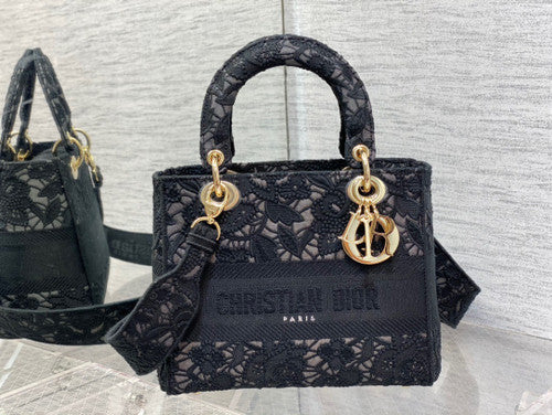 Christian Dior MEDIUM LADY D-LITE BAG Natural Embroidery with Macramé Effect  Black
