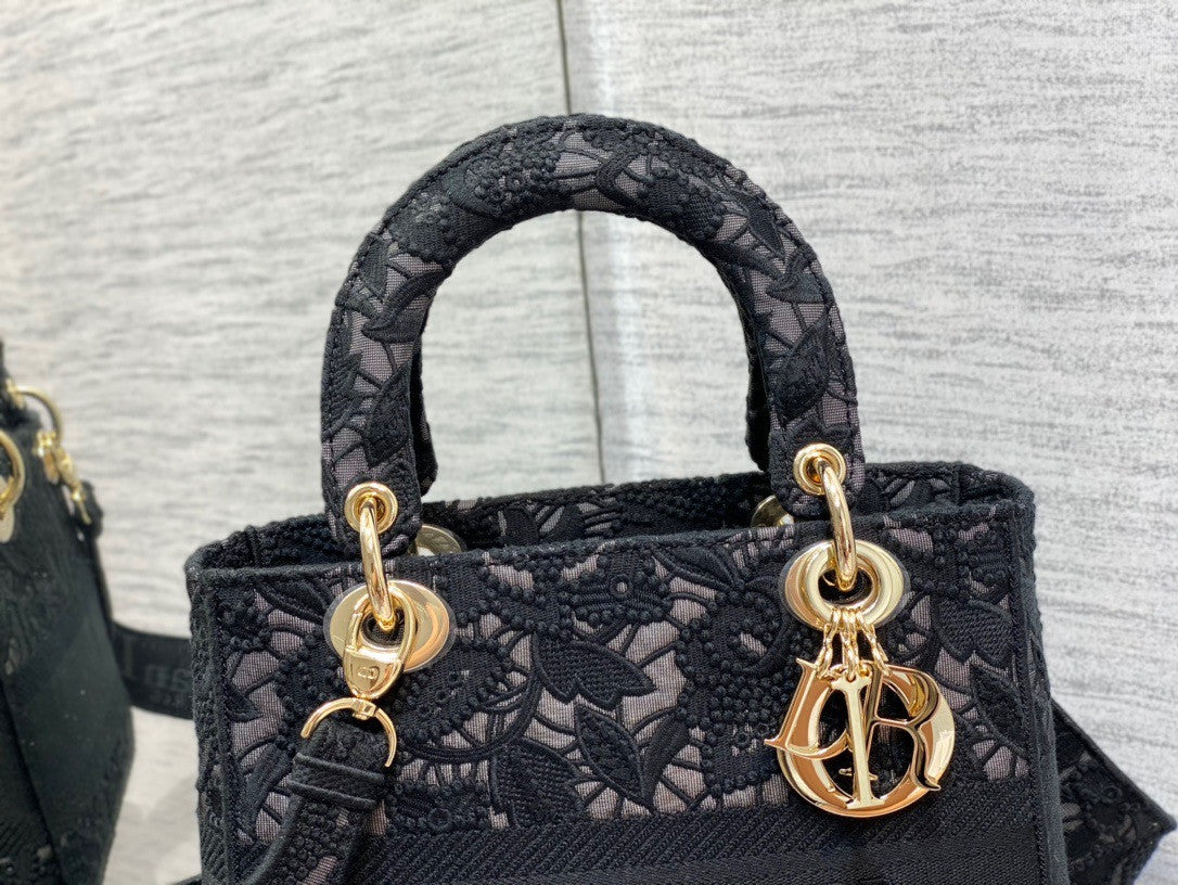 Christian Dior MEDIUM LADY D-LITE BAG Natural Embroidery with Macramé Effect  Black