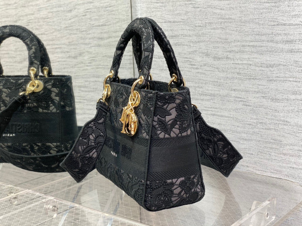 Christian Dior MEDIUM LADY D-LITE BAG Natural Embroidery with Macramé Effect  Black