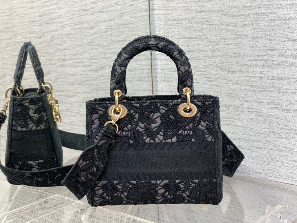 Christian Dior MEDIUM LADY D-LITE BAG Natural Embroidery with Macramé Effect  Black