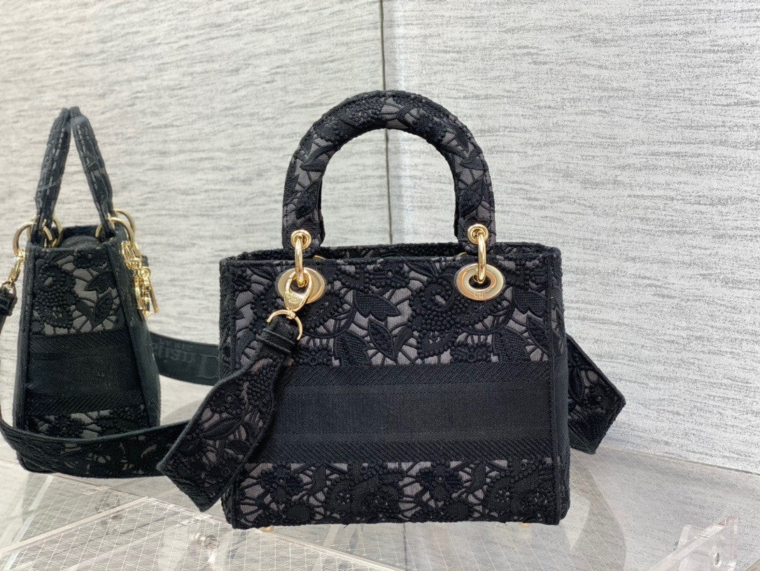 Christian Dior MEDIUM LADY D-LITE BAG Natural Embroidery with Macramé Effect  Black