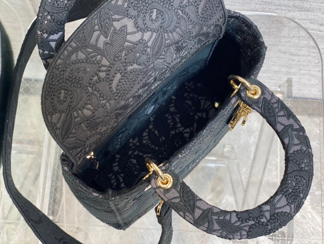 Christian Dior MEDIUM LADY D-LITE BAG Natural Embroidery with Macramé Effect  Black