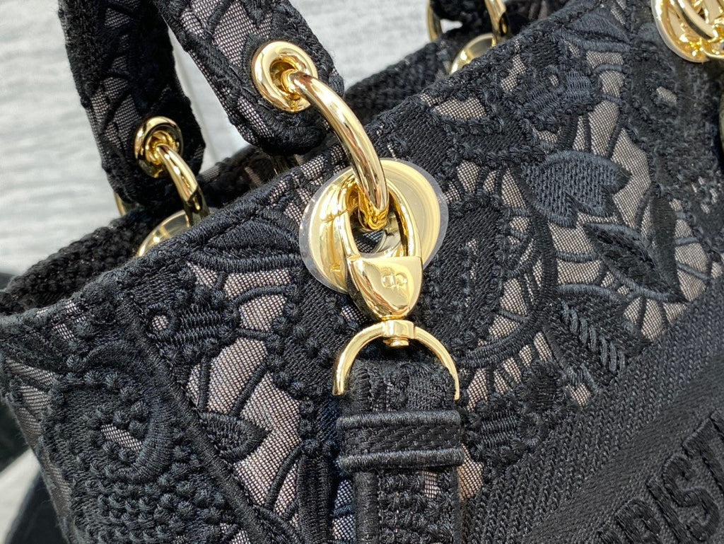 Christian Dior MEDIUM LADY D-LITE BAG Natural Embroidery with Macramé Effect  Black