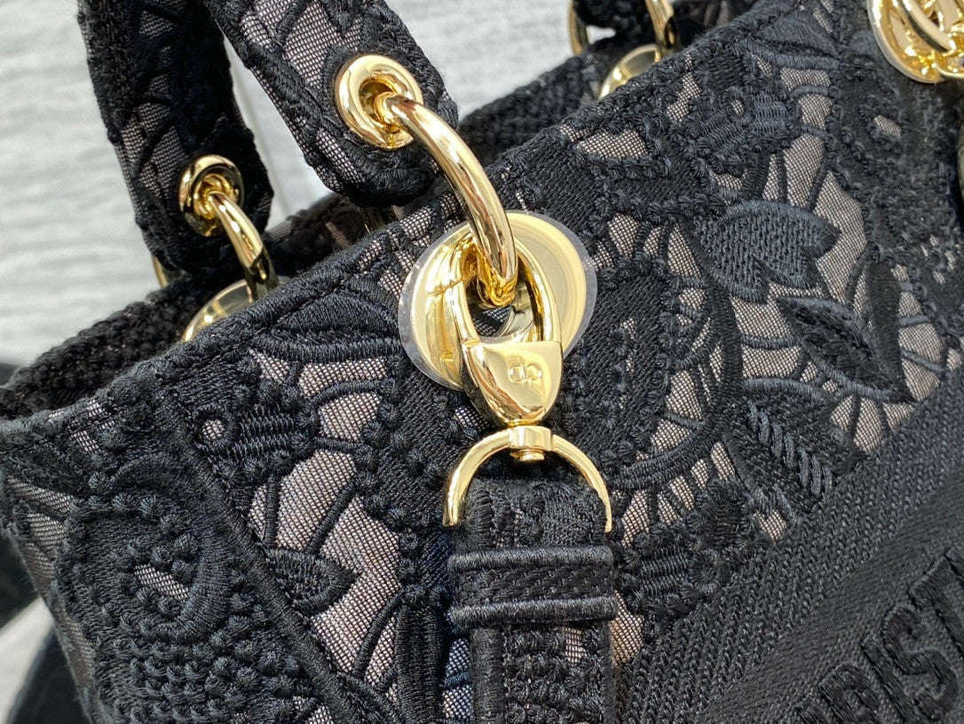 Christian Dior MEDIUM LADY D-LITE BAG Natural Embroidery with Macramé Effect  Black
