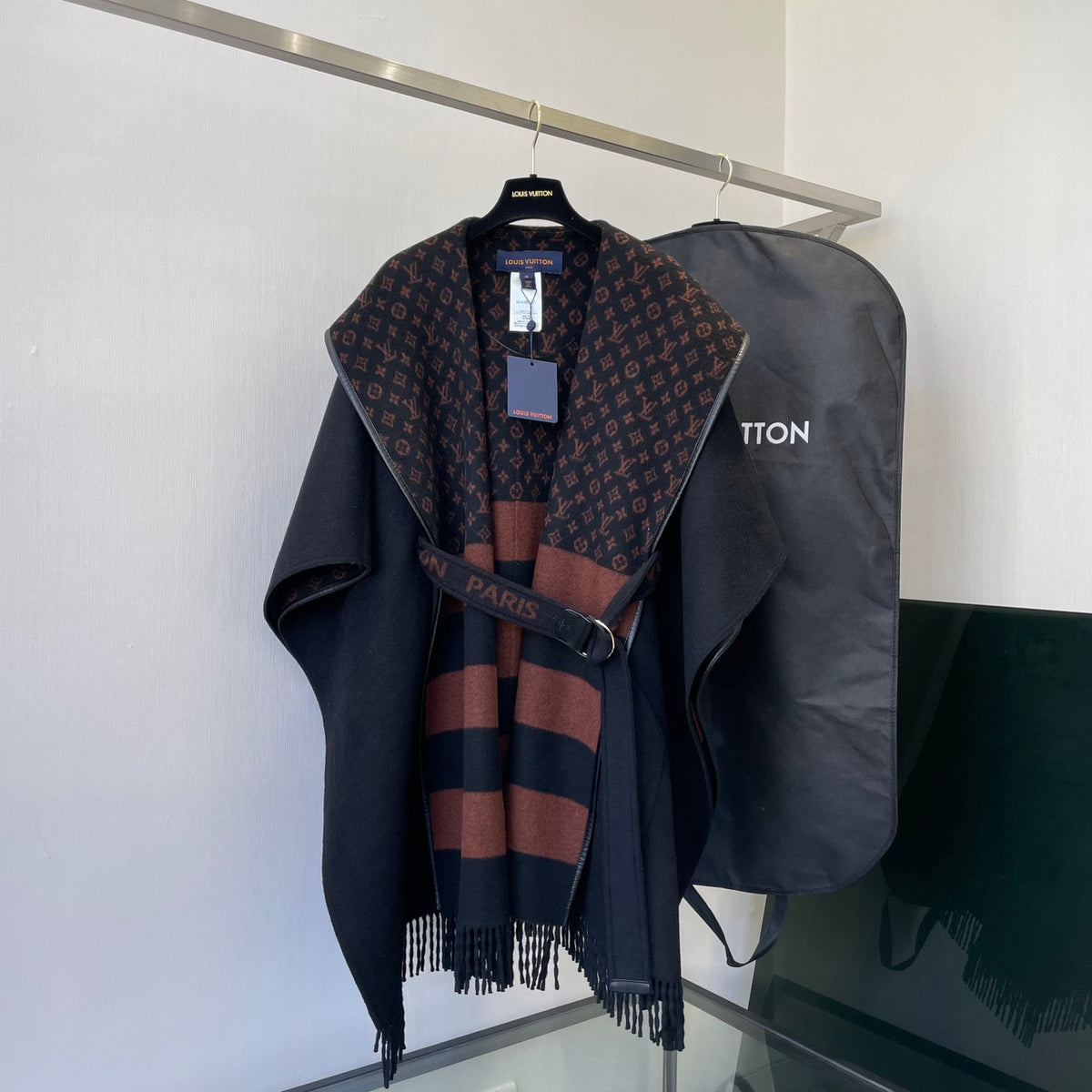 Louis Vuitton 1A83TO  HOODED WRAP CAPE COAT IN WOOL AND SILK WITH FRINGE
