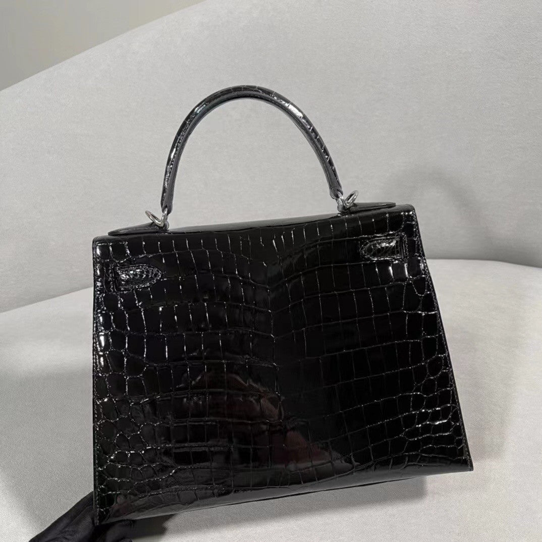 Hermes Kelly 28 Black Crocodile Niloticus Diamond White Gold Top Handle Satchel Bag