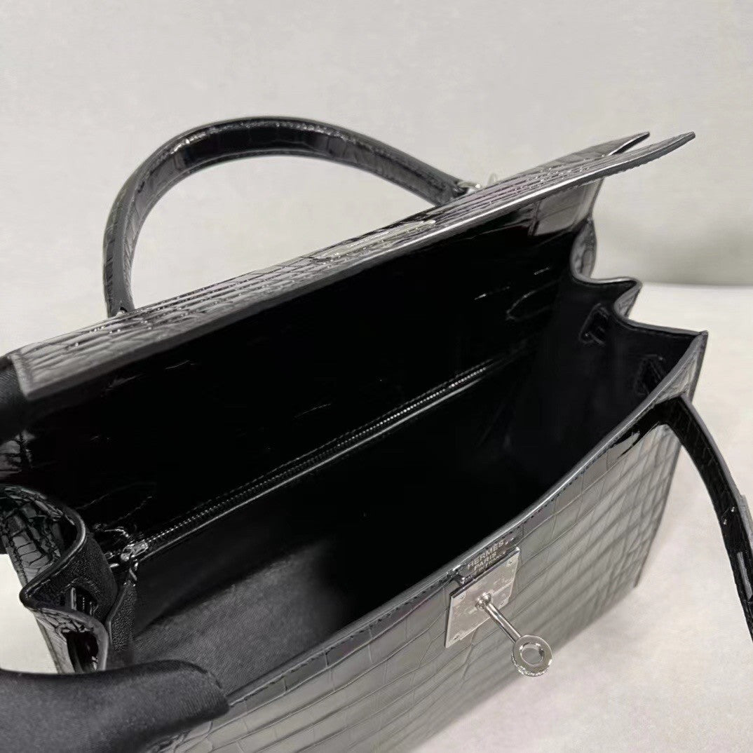 Hermes Kelly 28 Black Crocodile Niloticus Diamond White Gold Top Handle Satchel Bag