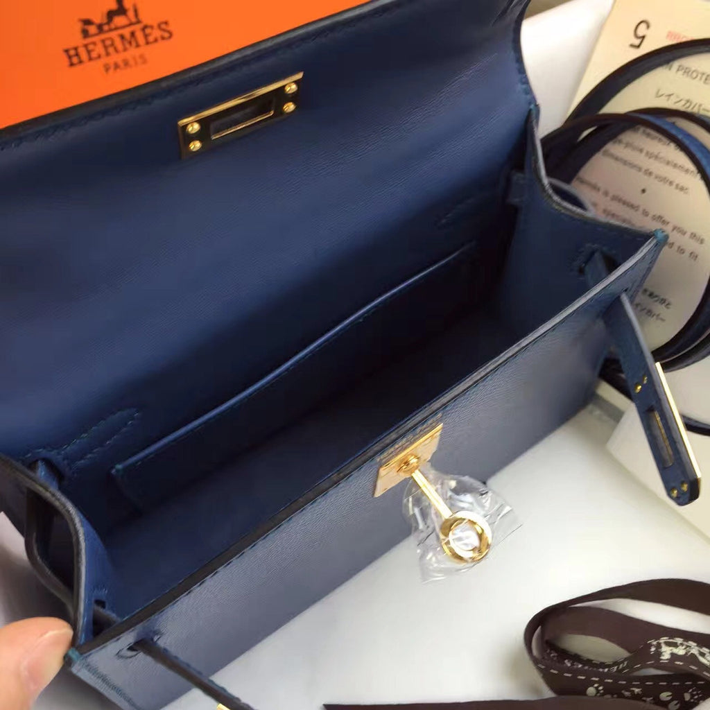 Hermès R2 Bleu Agate Kelly Mini II Epsom Gold Hardware