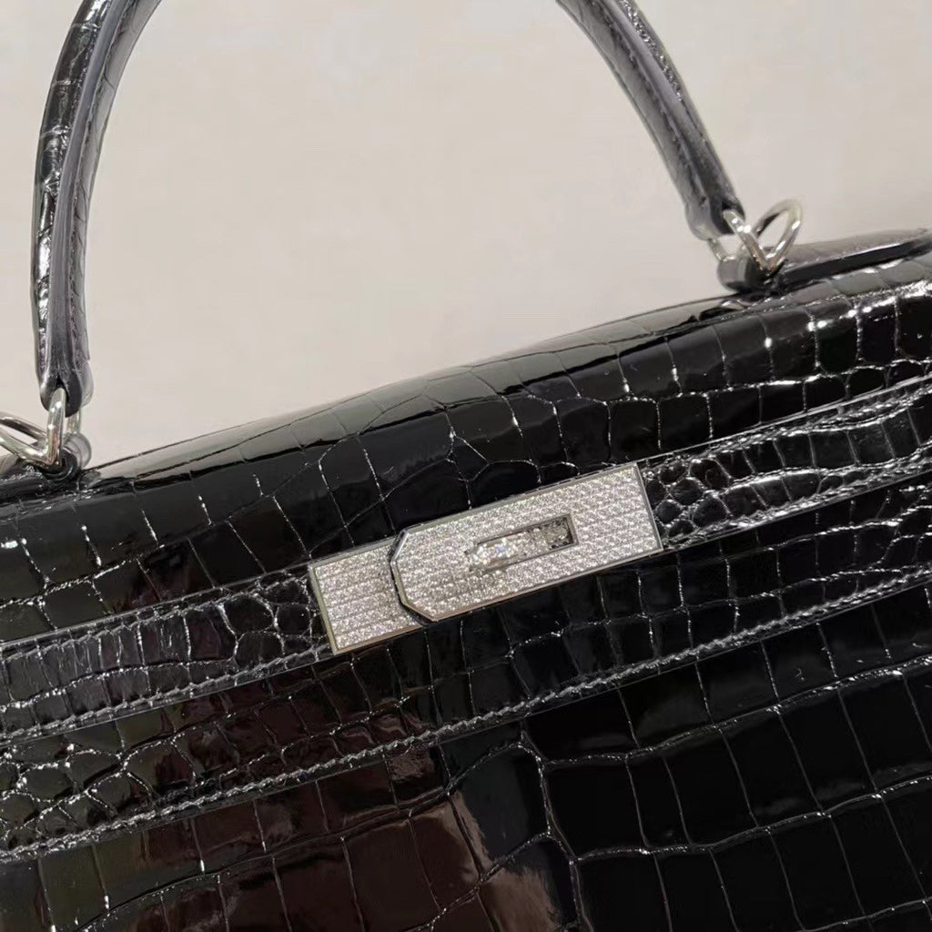 Hermes Kelly 28 Black Crocodile Niloticus Diamond White Gold Top Handle Satchel Bag