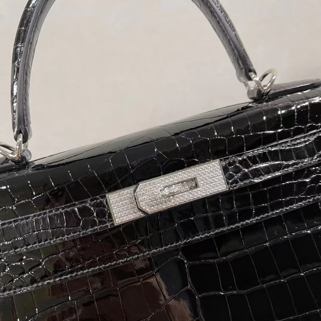 Hermes Kelly 28 Black Crocodile Niloticus Diamond White Gold Top Handle Satchel Bag