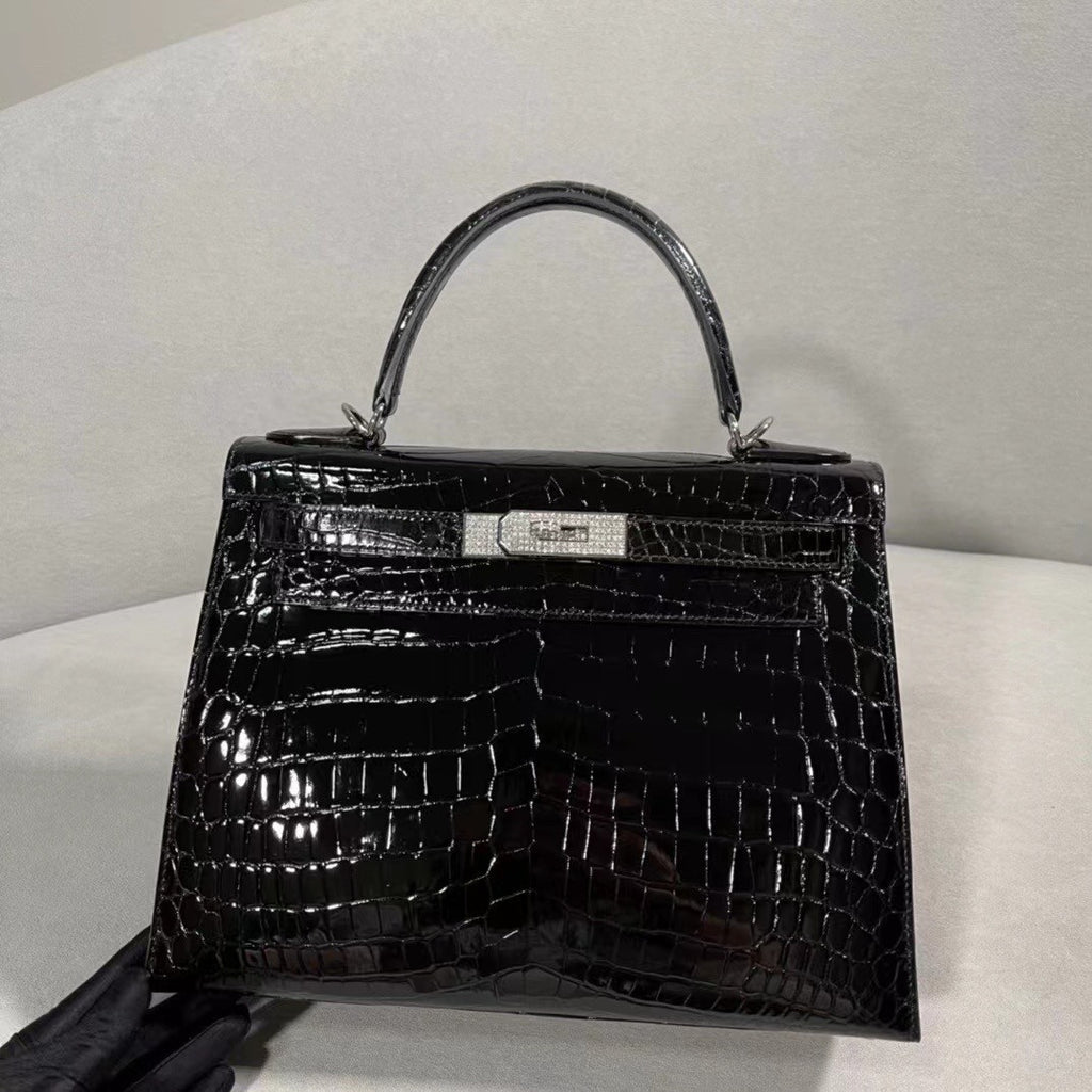 Hermes Kelly 28 Black Crocodile Niloticus Diamond White Gold Top Handle Satchel Bag