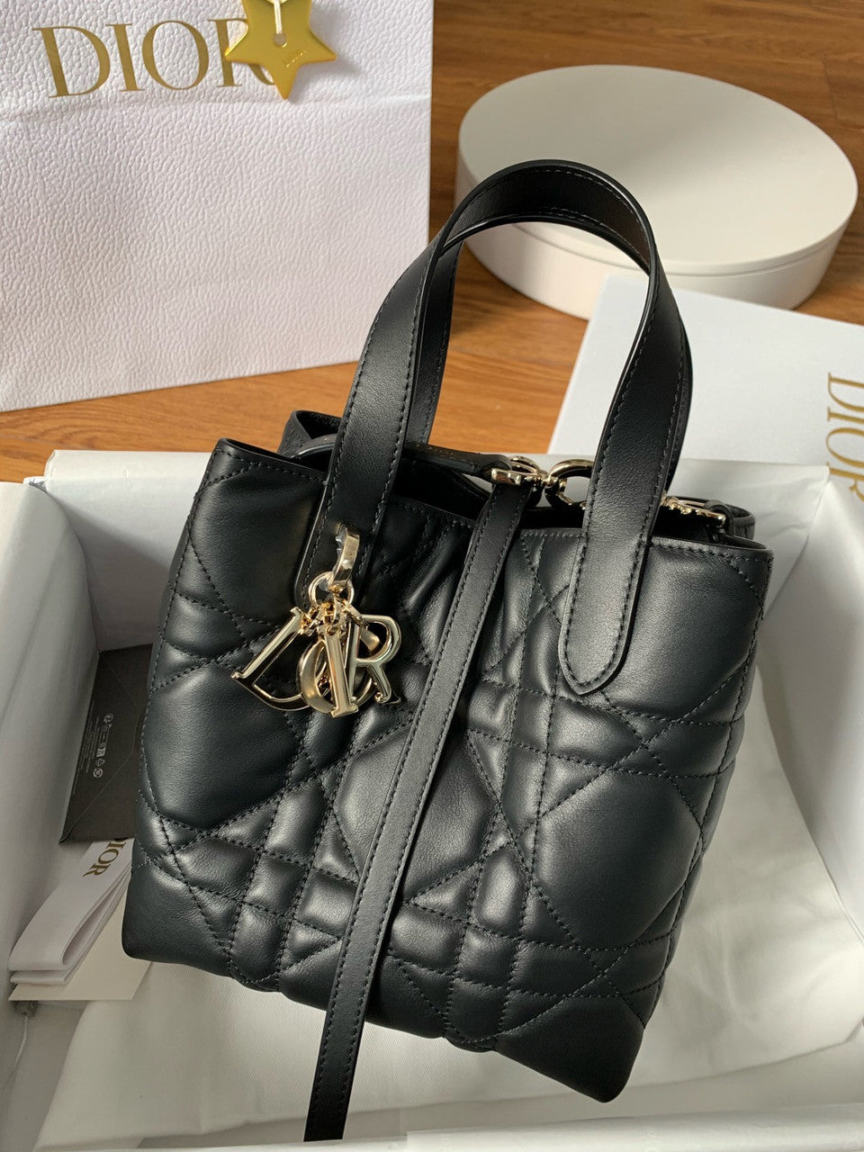 Christian Dior Medium Dior Toujours Vertical Tote Bag Black Macrocannage Crinkled Calfskin