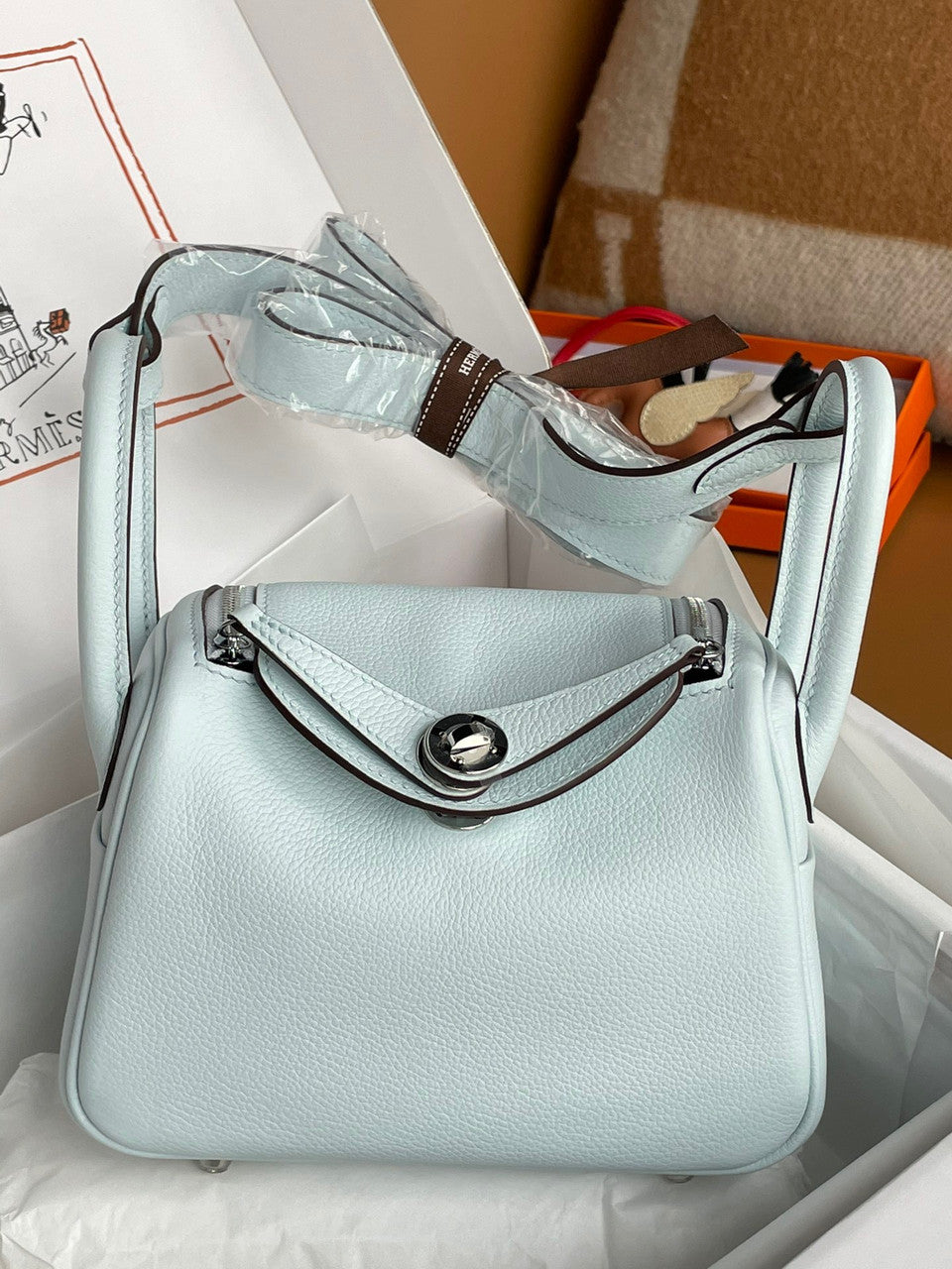 Hermes Mini Lindy 20cm Bag  Blue Haze Togo Leather Palladium Hardware