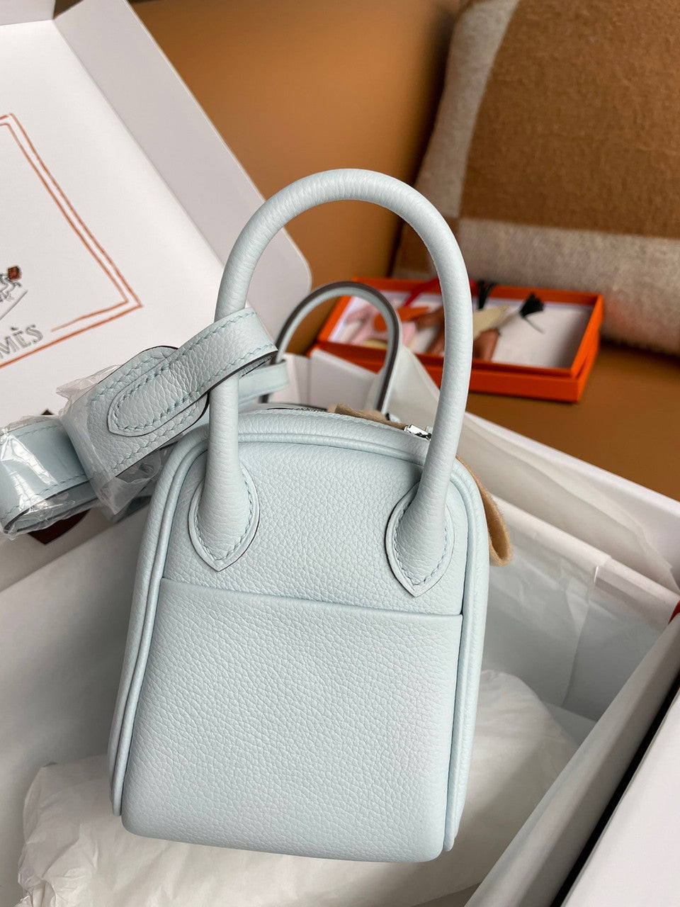 Hermes Mini Lindy 20cm Bag  Blue Haze Togo Leather Palladium Hardware