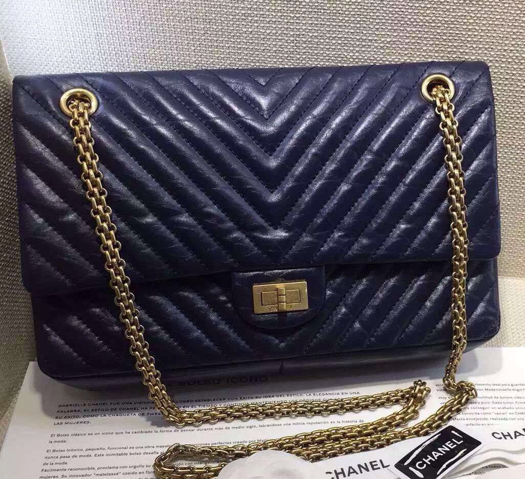 Chanel Midnight Blue V Quilted Aged Calf Chevron Flap Bag with Golden Hardware Midnight Blue with Golden HW