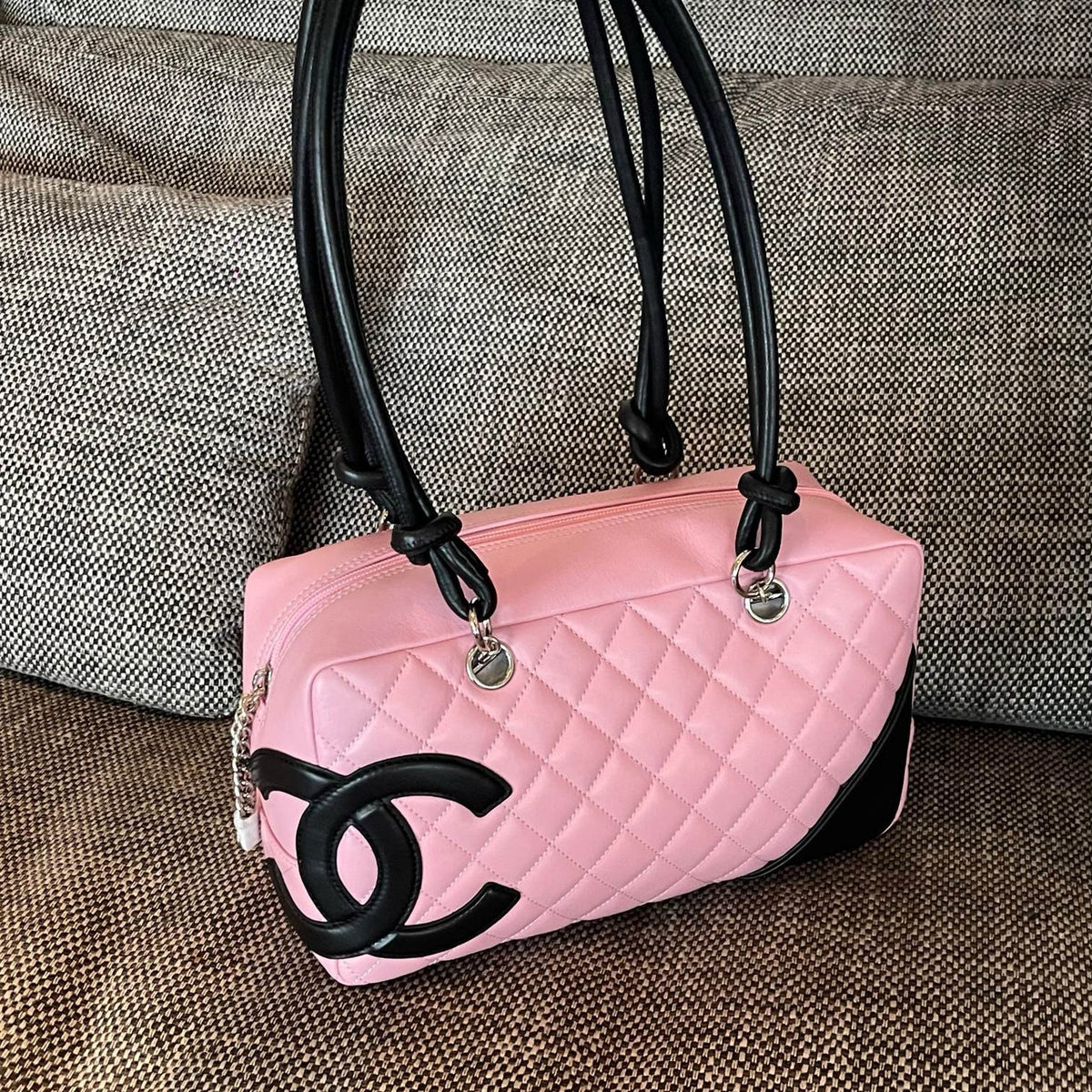 Vintage Chanel Cambon Bowler Bag Pink and Black Calfskin Silver Hardware