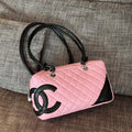 Vintage Chanel Cambon Bowler Bag Pink and Black Calfskin Silver Hardware