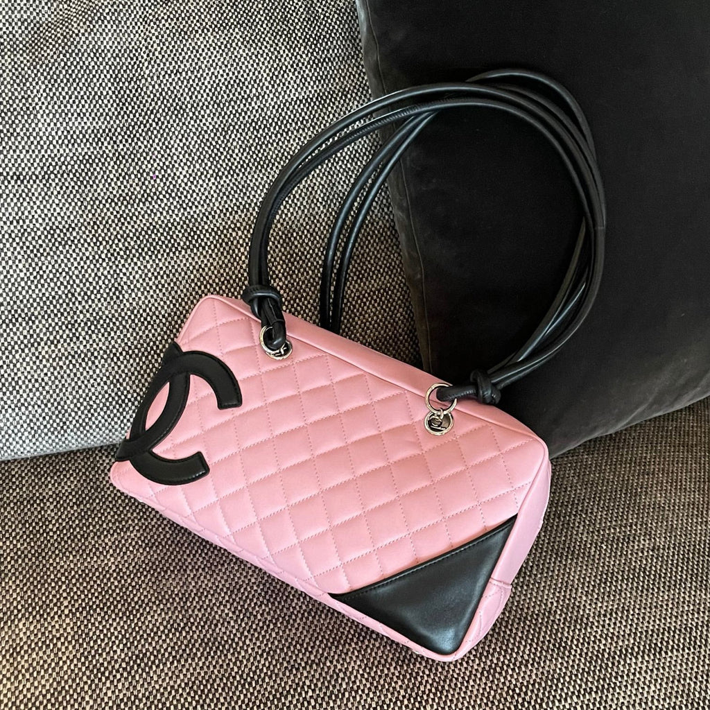 Vintage Chanel Cambon Bowler Bag Pink and Black Calfskin Silver Hardware