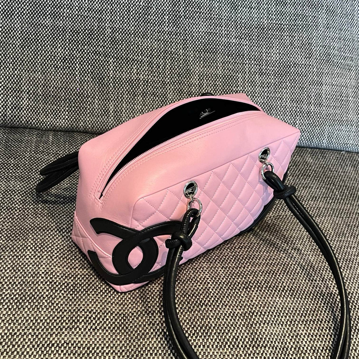 Vintage Chanel Cambon Bowler Bag Pink and Black Calfskin Silver Hardware