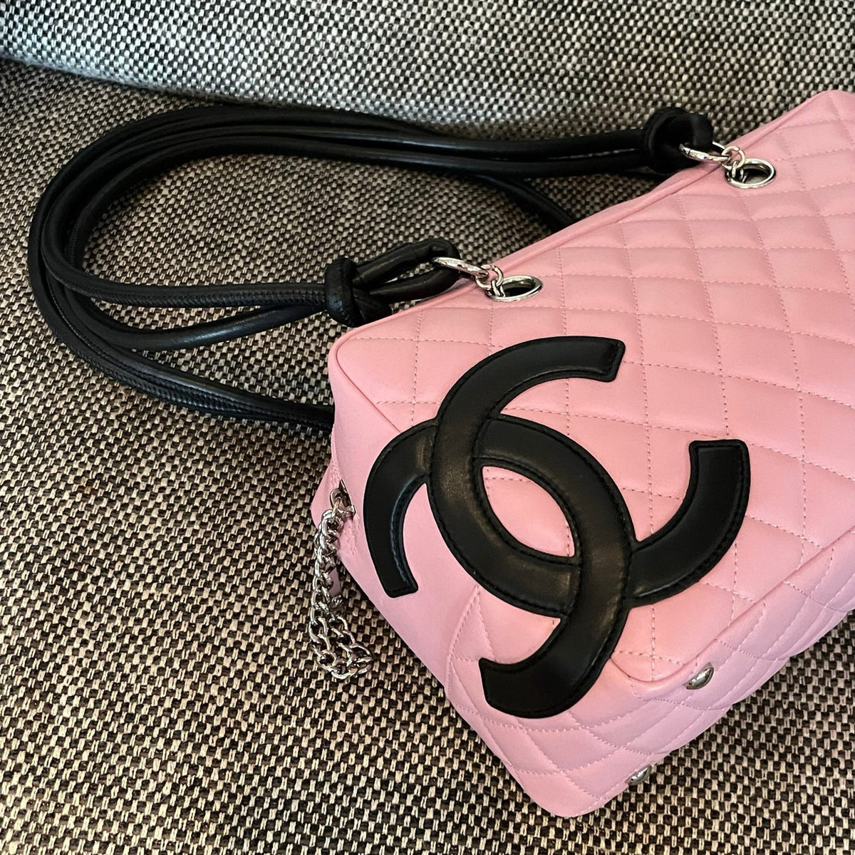 Vintage Chanel Cambon Bowler Bag Pink and Black Calfskin Silver Hardware