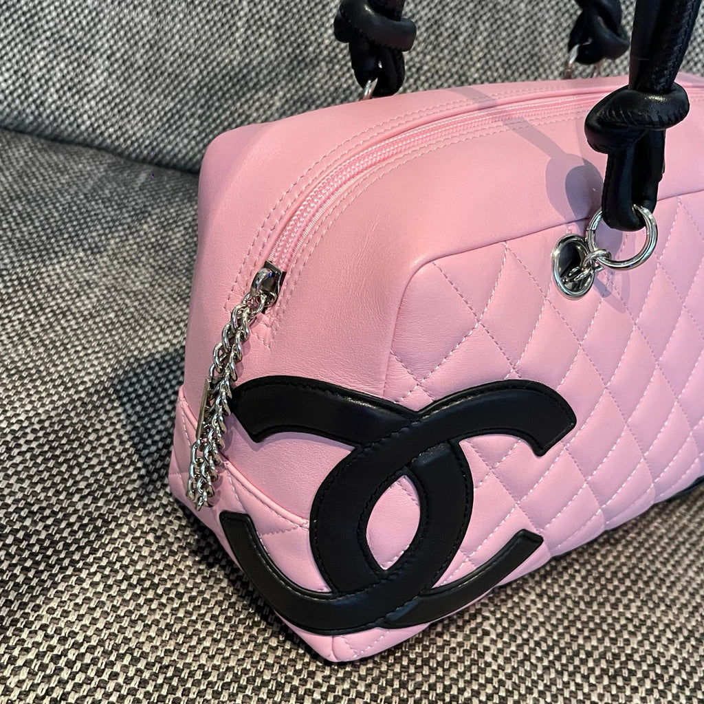Vintage Chanel Cambon Bowler Bag Pink and Black Calfskin Silver Hardware