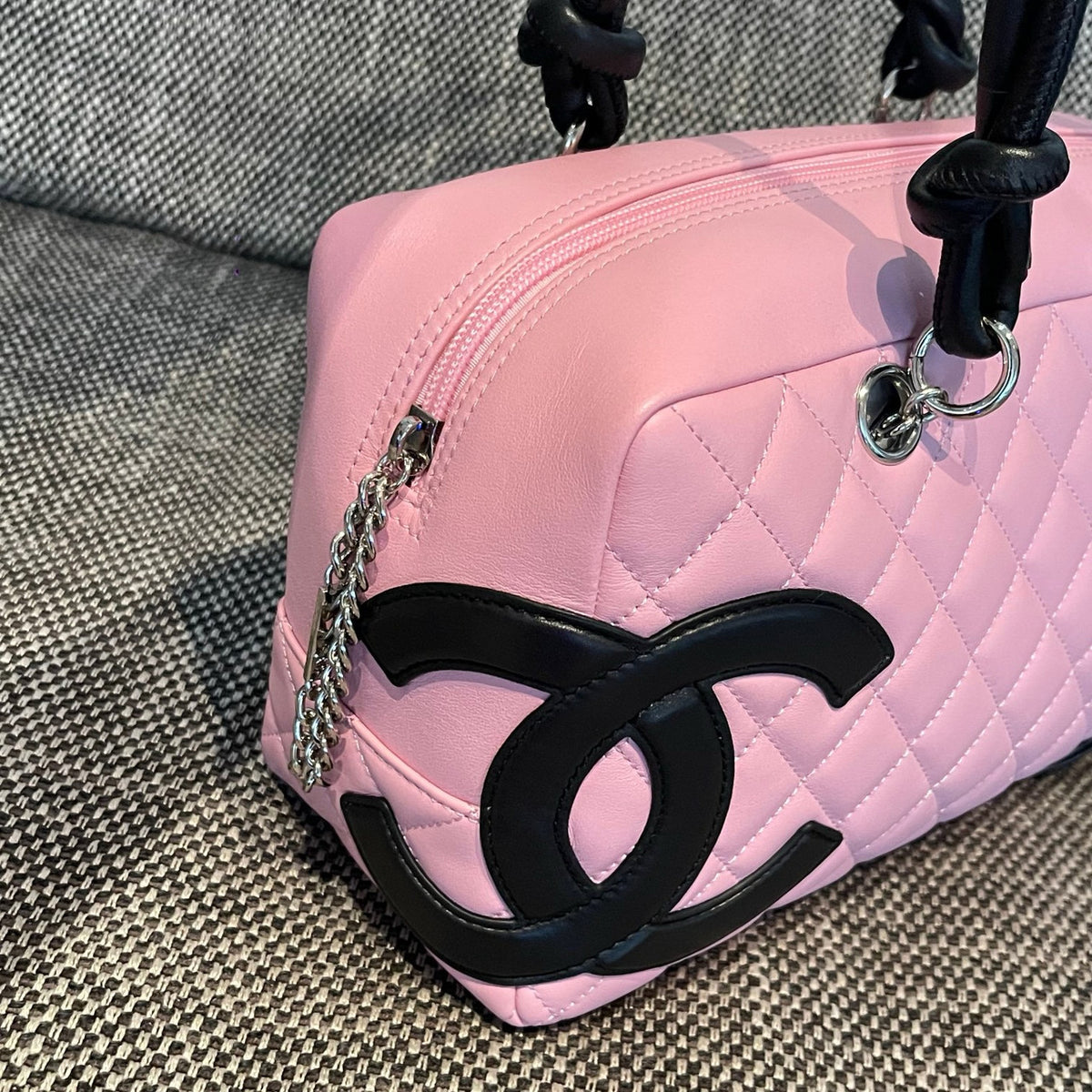 Vintage Chanel Cambon Bowler Bag Pink and Black Calfskin Silver Hardware