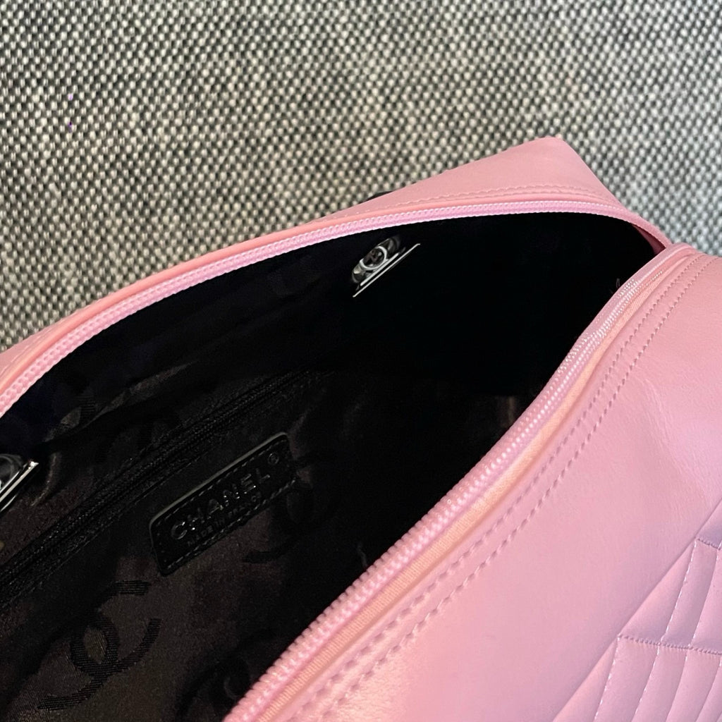 Vintage Chanel Cambon Bowler Bag Pink and Black Calfskin Silver Hardware