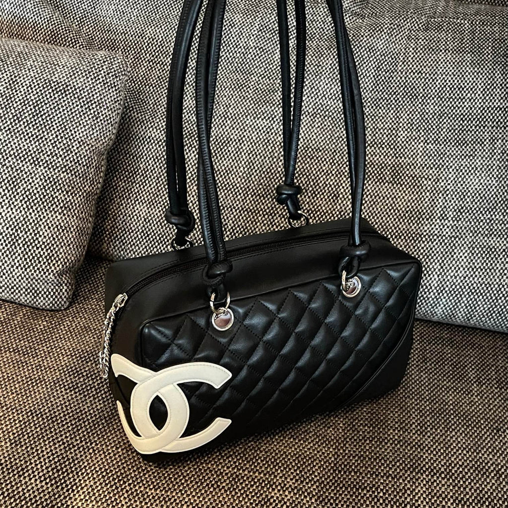 Vintage Chanel Cambon Bowler Bag White and Black Calfskin Silver Hardware