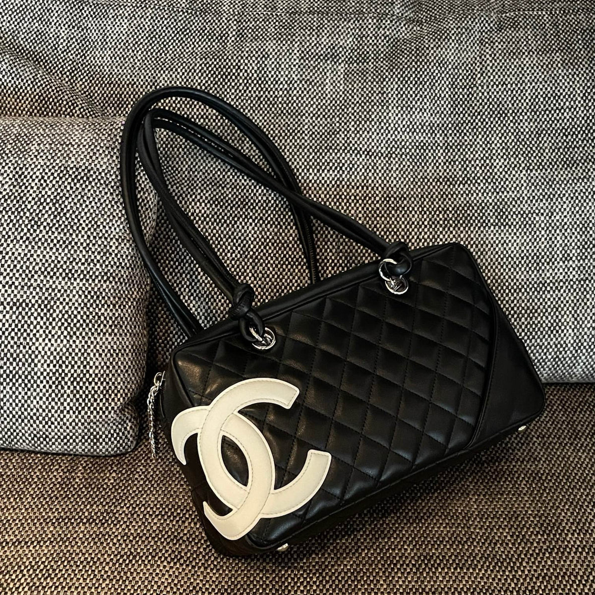 Vintage Chanel Cambon Bowler Bag White and Black Calfskin Silver Hardware