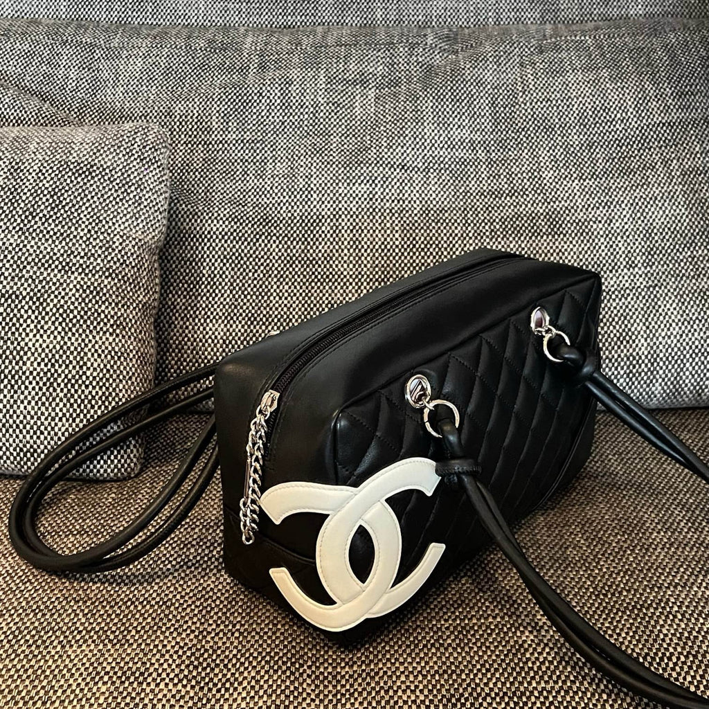 Vintage Chanel Cambon Bowler Bag White and Black Calfskin Silver Hardware