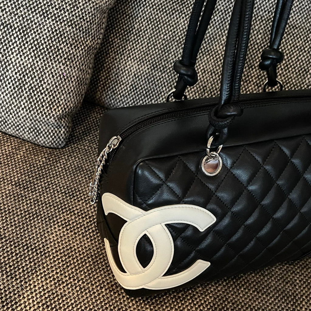 Vintage Chanel Cambon Bowler Bag White and Black Calfskin Silver Hardware