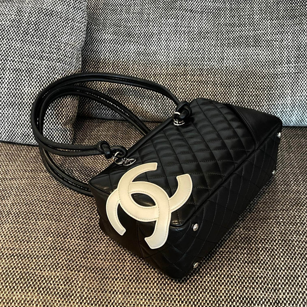 Vintage Chanel Cambon Bowler Bag White and Black Calfskin Silver Hardware